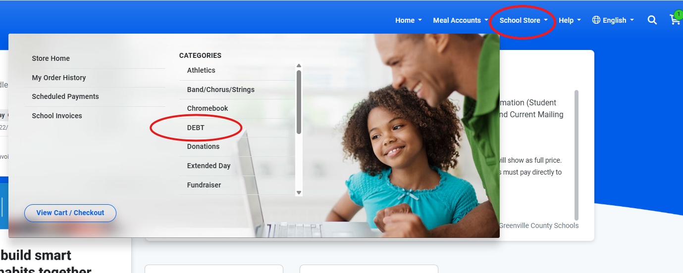Location of School Store and Debt options on MySchoolBucks